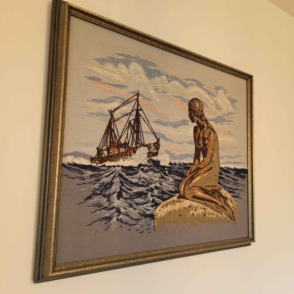 Beautiful Needlecraft of The Mermaid Finished Framed Crewel Signed VF 77 - Picture 1 of 10